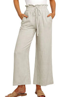 Elastic Waistband Lace-up Wide Leg Pants Solid Color Cropped Pants